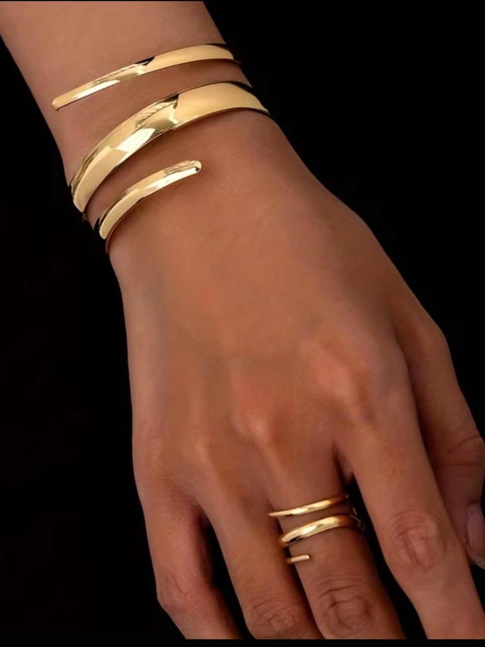 Gold Spiral Open Cuff Bracelet and Ring Set